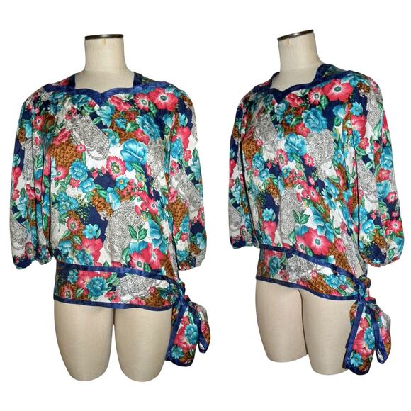 80s DIANE FREIS Floral Silk Blouse w Sash | Blouson Tunic XS/S - Picture 3 of 9